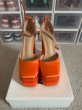 Mixx Shuz Orange Satin Platform Ankle-Strap Heels